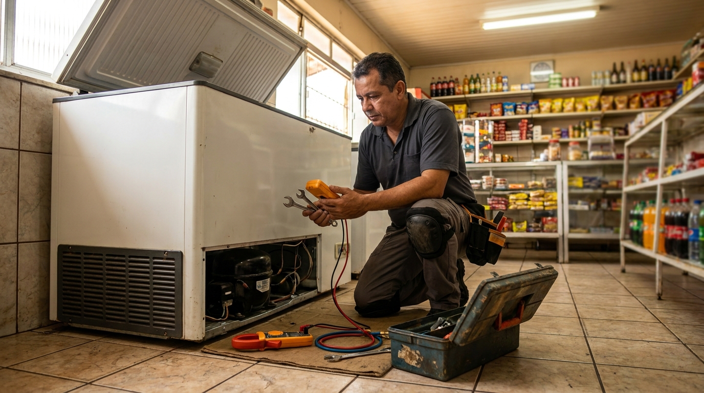 Profissional executando manutenção no motor de freezer na Itoupava Seca, Blumenau‑SC