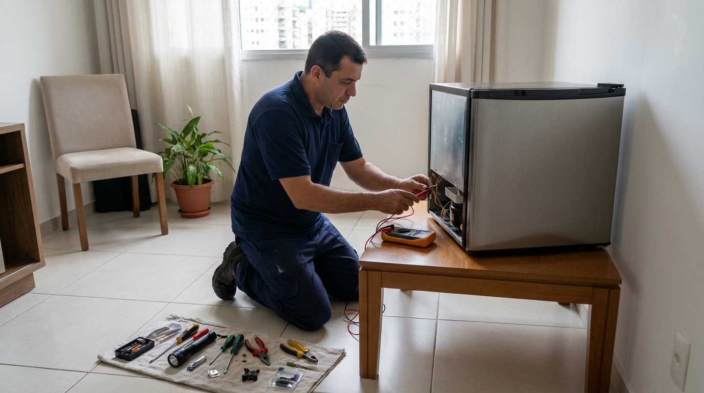 Técnico fazendo manutenção do motor de frigobar na Vila Itoupava, Blumenau‑SC