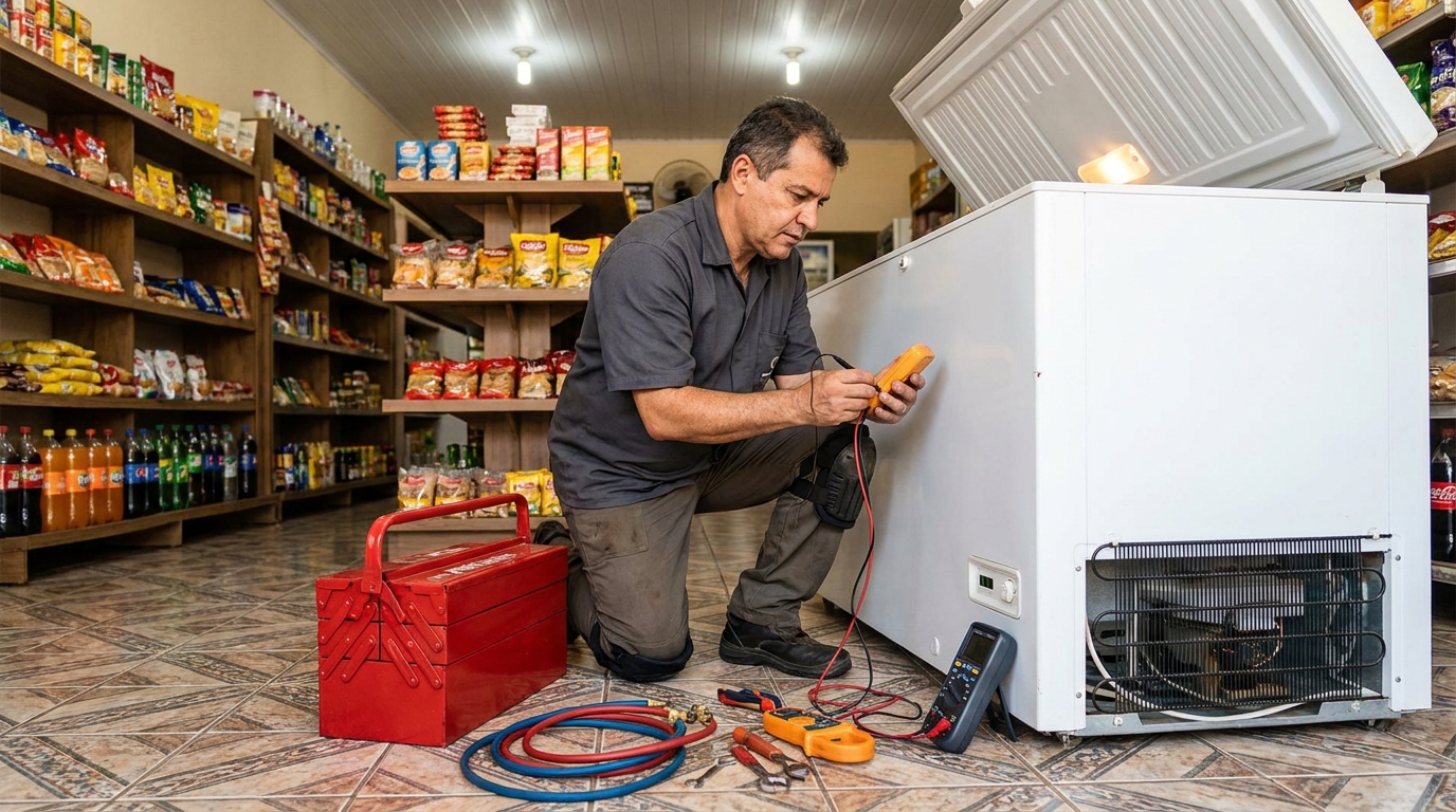 Recarga de gás refrigerante no freezer durante atendimento na Itoupava Seca, Blumenau‑SC