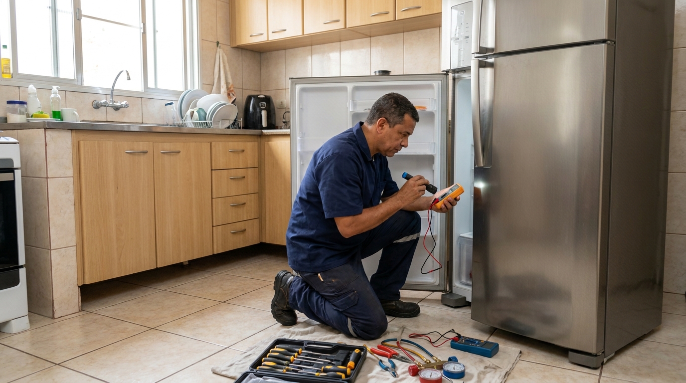 Técnico aplicando recarga de gás refrigerante em geladeira no Victor Konder, Blumenau‑SC