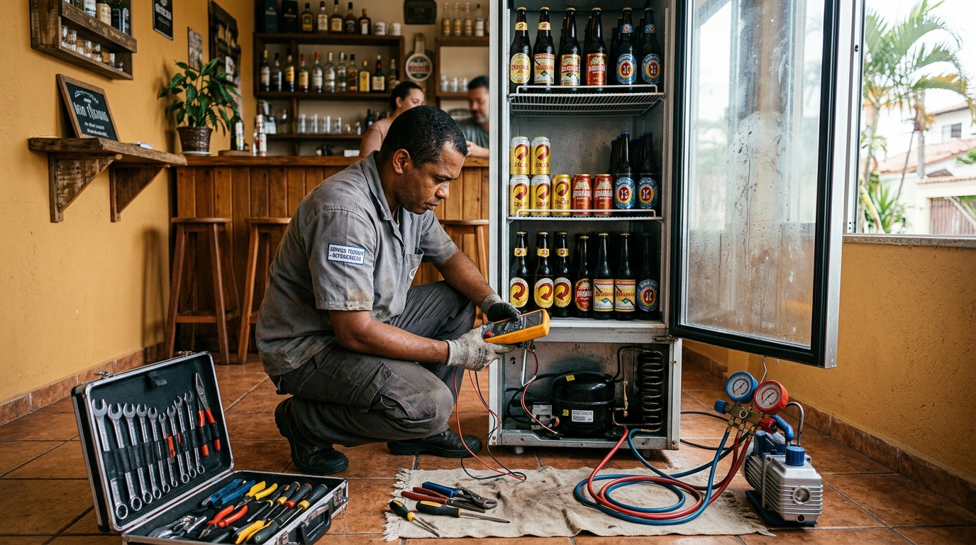 Substituição de termostato de cervejeira em serviço técnico em Blumenau‑SC