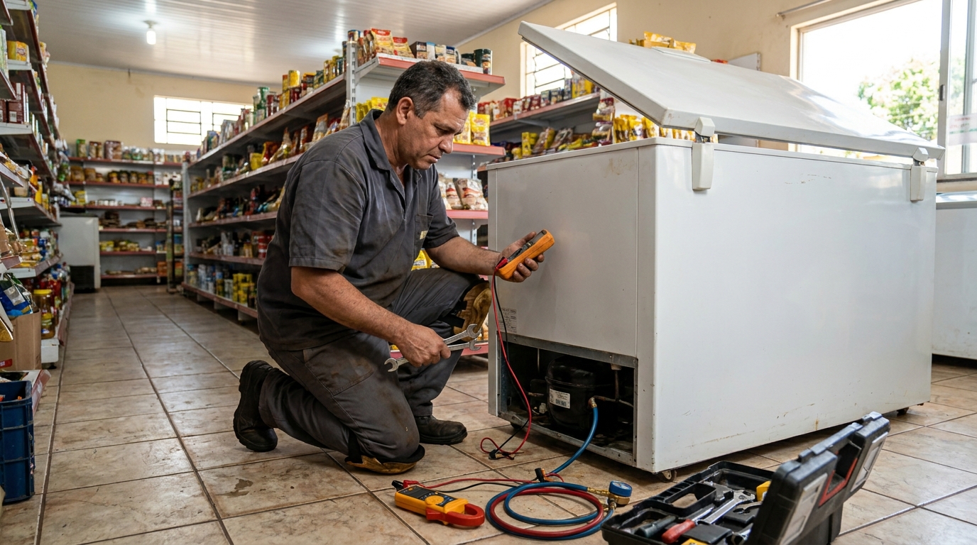 Substituição de termostato de freezer em visita técnica na Itoupava Seca, Blumenau‑SC
